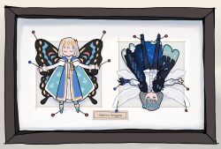  2boys arthropod_boy arthropod_limbs black_cape black_pants blue_cape blue_eyes blue_robe blue_shoes bow butterfly_wings cape character_name chinese_commentary closed_eyes commentary_request crown deformed dragonfly_wings dual_persona fate/grand_order fate_(series) footwear_bow framed_insect fur-trimmed_cape fur_trim grey_hair highres insect_pin insect_wings juliet_sleeves long_sleeves looking_at_viewer luciaicefish male_focus medium_hair multiple_boys no_mouth oberon_(fate) oberon_(first_ascension)_(fate) oberon_(third_ascension)_(fate) outstretched_arms pants picture_frame puffy_sleeves robe shirt shoes two-sided_cape two-sided_fabric upside-down white_bow white_shirt wings 