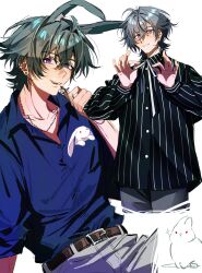 1boy animal_ears aqua_hair bead_necklace beads belt blue_shirt brown_belt collared_shirt commentary contemporary cross cross_necklace crossed_bangs dintoge genshin_impact highres jewelry lohen_(genshin_impact) long_sleeves multicolored_eyes multiple_views necklace open_mouth pants rabbit_ears shirt short_hair striped_clothes striped_shirt untranslatable_commentary white_background 