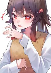  1girl :d absurdres alternate_costume blunt_ends breasts brown_hair commentary_request flower flower-shaped_pupils genshin_impact hair_between_eyes hair_flower hair_ornament hair_over_one_eye hairclip hands_up highres hu_tao_(genshin_impact) laughing light_blush long_hair long_sleeves messy_hair open_mouth red_eyes red_flower shirt simple_background small_breasts smile solo sweater_vest symbol-shaped_pupils tamakage_(zeeh7854) teeth upper_body upper_teeth_only white_background white_shirt yellow_sweater_vest 