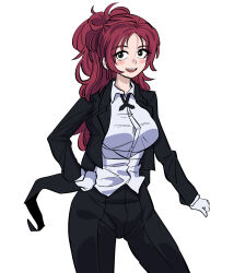  1girl :d black_jacket black_pants blush_stickers breasts collared_shirt commentary_request copyright_request dinoyhs dress_shirt gloves grey_eyes hand_on_own_hip highres jacket korean_commentary long_sleeves looking_at_viewer medium_breasts pant_suit pants parted_bangs red_hair shirt simple_background smile solo suit teeth upper_teeth_only white_background white_gloves white_shirt 