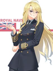  1girl absurdres black_jacket black_necktie black_pants blonde_hair blue_eyes buttons chinese_commentary collared_shirt commentary cowboy_shot double-breasted english_commentary english_text flag_background hair_between_eyes highres jacket leochan1202 long_hair long_sleeves looking_at_viewer military military_dress_uniform military_rank_insignia military_uniform mixed-language_commentary multilingual_commentary naval_dress_uniform naval_uniform necktie original pants ribbon_bar royal_navy shirt smile solo very_long_hair white_ensign white_shirt world_war_ii 