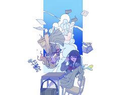  2girls 5ummerrr bag black_hair blonde_hair blue_sky blush brown_shoes cardigan cd cd_case chair closed_eyes closed_mouth clouds commentary_request cumulonimbus_cloud desk finger_gun flower full_body grey_sailor_collar grey_serafuku grey_shirt grey_skirt hair_between_eyes heart highres hole_in_chest hole_on_body hoshino_ichika_(project_sekai) kneehighs korean_commentary long_hair long_sleeves looking_at_another midriff_peek miyamasuzaka_girls'_academy_school_uniform multiple_girls navel neckerchief on_chair open_cardigan open_clothes open_mouth paper photo_(object) pleated_skirt project_sekai red_neckerchief sailor_collar scene_reference school_bag school_chair school_desk school_uniform serafuku shirt shoes sidelocks single_shoe sitting skirt sky smile socks tenma_saki twintails upside-down white_socks yellow_cardigan 