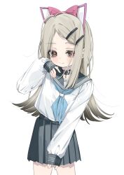  1girl animal_ears bags_under_eyes bell black_skirt blonde_hair blue_bow blue_bowtie blush bow bowtie brown_eyes cat_ears colored_eyebrows colored_eyelashes cowboy_shot fake_animal_ears gakuen_idolmaster gradient_hair hair_ornament hair_ribbon hairclip hand_on_own_face highres idolmaster long_hair multicolored_hair neck_bell parallel_hairclips pleated_skirt ribbon sailor_collar school_uniform shinosawa_hiro shirt skirt smile solo wasabi_koharu white_background white_shirt 