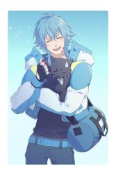  1boy animal animal_collar arm_up bag belt black_gloves black_shirt blue_bag blue_belt blue_hair border closed_eyes clothing_cutout collar commentary contrapposto cropped_legs denim dog dramatical_murder duffel_bag fingerless_gloves glove_cutout gloves hair_between_eyes highres holding holding_animal holding_dog hood hood_down hooded_jacket jacket jeans long_sleeves male_focus open_mouth pants ren_(dramatical_murder) round_teeth seragaki_aoba shirt smile spiked_collar spikes studded_belt sweatdrop teeth tiisai_tonakai tongue tongue_out upper_teeth_only white_border 