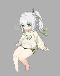  1girl :d absurdres bare_legs barefoot braid chinese_commentary commentary_request cross-shaped_pupils crown_braid full_body genshin_impact gradient_hair green_eyes green_hair green_shorts green_streaks grey_background hair_between_eyes highres hood hoodie invisible_chair light_blush long_hair multicolored_hair nahida_(genshin_impact) pointy_ears shao_(shaorouhong) shorts side_ponytail simple_background sitting sleeves_past_wrists smile solo streaked_hair symbol-shaped_pupils thighs white_hair 