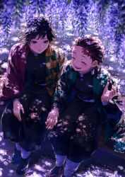  2boys absurdres belt black_hair black_jacket black_pants black_socks blue_eyes buttons checkered_haori closed_eyes commentary_request demon_slayer_uniform earrings gold_buttons hanafuda_earrings hand_up haori high_collar highres holding_hands jacket japanese_clothes jewelry kamado_tanjirou kasibami kikkoumon kimetsu_no_yaiba long_hair low_ponytail male_focus multiple_boys pants ponytail print_haori red_haori sandals sitting smile socks spiky_hair tomioka_giyuu 