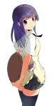  831 apron badge bangs black_legwear blue_eyes blunt_bangs highres long_hair looking_at_viewer looking_back purple_hair simple_background skirt smile solo standing thigh-highs thighhighs tray tsurime waitress white_background working!! yamada_aoi zettai_ryouiki 