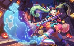  1girl :d akiru_kamira black_border black_gloves border breasts building candy commentary_request eyewear_on_head food game_asset ghost gloves goggles goggles_on_head green_hair halloween halloween_bucket halloween_costume highres holding jack-o'-lantern lantern letterboxed lollipop long_hair night non-web_source official_art open_mouth orange_eyes orange_pants outdoors paintbrush pants paper_lantern pillarboxed pumpkin pumpkin_hat self-datamine sky smile solo sparkle star_(sky) swirl_lollipop trick_or_treat twintails very_long_hair world_dai_star yellow_eyes 