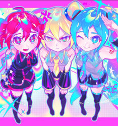  3girls ahoge akita_neru anger_vein angry arm_up bare_shoulders black_boots black_shirt black_skirt black_sleeves blonde_hair blue_eyes blue_hair blue_necktie blue_trim boots border breasts bright_pupils buttons closed_mouth collared_shirt colorful_background detached_sleeves drill_hair grey_shirt hair_between_eyes hair_ornament hatsune_miku iro_(mywife_sunny) kasane_teto kasane_teto_(utau) letterboxed long_hair looking_at_viewer medium_breasts miniskirt multiple_girls necktie non-web_source one_eye_closed open_mouth outside_border pink_border pink_trim red_eyes red_hair salute shirt short_hair shoulder_tattoo side_ponytail skirt sleeveless sleeveless_shirt smile sparkle standing star_(symbol) tattoo thigh_boots triple_baka_(group) twin_drills twintails utau very_long_hair vocaloid white_pupils yellow_necktie yellow_trim 