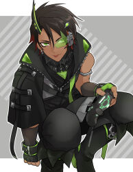 1boy :p absurdres aragami_oga aragami_oga_(4th_costume) armlet black_boots black_collar black_hair black_pants boots bracelet capelet collar commentary_request controller dark-skinned_male dark_skin earrings eyelashes fingerless_gloves fold-over_boots fur-trimmed_collar fur_trim game_controller gloves green_eyes grey_background highres holding holding_controller holding_game_controller holostars horns jacket jewelry male_focus mioto_(tsubsq_m) multicolored_hair official_alternate_costume outline pants red_hair scouter short_hair single_horn solo squatting tongue tongue_out virtual_youtuber white_outline 