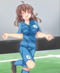  1girl ;d ahoge artist_request blush breasts brown_hair copyright_request football_uniform heavy_breathing highres impossible_clothes impossible_shirt open_mouth smile soccer_uniform wink 