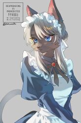  1girl 2mocota animal_ears animal_nose apron artist_name black_dress black_ribbon blue_eyes braid braided_base breasts brooch bun_with_braided_base cat_ears cat_girl cat_tail commentary_request dress frilled_apron frills from_side furry furry_female gem gradient_hair grey_background grey_hair hair_bun highres jewelry juliet_sleeves long_sleeves looking_to_the_side maid maid_apron maid_headdress medium_breasts multicolored_hair original puffy_sleeves red_gem ribbon snout solo tail twitter_username upper_body whiskers white_hair 