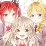  2girls :&lt; :3 ahoge antenna_hair blazer blonde_hair blue_eyes blush bow braid cthugha_(nyaruko-san) dress_shirt fire frown green_eyes grey_hair hair_bow hair_ribbon haiyore!_nyaruko-san hastur_(nyaruko-san) long_hair multiple_girls necktie nyarlathotep_(nyaruko-san) open_mouth purple_eyes red_eyes red_hair redhead ribbon rochmaya school_uniform shirt silver_hair sleeves_past_wrists smile trap twintails 