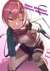  1girl ;) absurdres arm_support backlighting bandaged_leg bandages black_gloves black_thighhighs blunt_bangs boots breasts brown_boots closed_mouth commentary_request crop_top eyelashes eyes_visible_through_hair fingerless_gloves foot_out_of_frame gloves hand_up happy_birthday heaven_burns_red highres index_finger_raised knee_pads leaning_forward long_hair looking_at_viewer matsuoka_chiroru medium_breasts metako_(slime_shop) midriff navel on_one_knee one_eye_closed pink_eyes pink_hair pointing pointing_at_viewer purple_scarf purple_shorts scarf short_shorts shorts simple_background single_thighhigh smile solo split_mouth straight_hair thigh-highs thighs tsurime upturned_eyes white_background zettai_ryouiki 