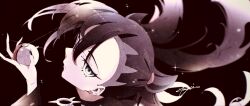  1girl asymmetrical_bangs black_background black_choker black_hair black_jacket black_nails blurry blurry_background choker close-up closed_mouth depth_of_field earrings film_grain from_above green_eyes hair_ribbon highres holding holding_poke_ball jacket jewelry marie_(pixiv59672544) marnie_(pokemon) medium_hair muted_colors perspective poke_ball pokemon pokemon_sword_and_shield red_ribbon ribbon signature solo sparkle twintails undercut 