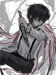  1boy bags_under_eyes belt black_belt black_hair black_pants closed_mouth collared_shirt commentary cowboy_shot crow's_eye_view_(e.g.o) dagger e.g.o_(project_moon) expressionless fighting_stance frown grey_eyes hair_between_eyes holding holding_dagger holding_knife holding_weapon jacket jacket_on_shoulders knife leg_up limbus_company long_sleeves looking_to_the_side male_focus messy_hair otogisum3 pants project_moon shirt short_hair sleeve_cuffs solo striped_clothes striped_jacket suit_pants suspenders untranslatable_commentary vertical-striped_clothes vertical-striped_jacket weapon white_background white_jacket white_shirt yi_sang_(project_moon) 