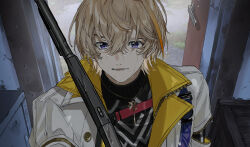  1boy black_shirt blonde_hair commentary crying crying_with_eyes_open fura_kanato fura_kanato_(1st_costume) gun hair_between_eyes high_collar highres holding holding_gun holding_weapon jacket looking_at_viewer male_focus matsuhago nijisanji shirt short_hair smile solo tears untranslatable_commentary upper_body violet_eyes virtual_youtuber weapon wet wet_hair white_jacket 