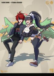  ^_^ arm_hug artist_logo black_hair black_shirt black_streaks blush bomber_jacket character_name closed_eyes drawstring fingerless_gloves flying_sweatdrops gloves grey_jacket heart hetero high_ponytail highres hood hoodie jacket jacket_over_hoodie logo long_hair magadori_kyoshika multicolored_hair open_mouth ponytail red_hair scabbard self-upload sheath shirt shoes shorts sneakers soshu_(soshuscribbles) streaked_hair sumino_takumi sword t-shirt the_hundred_line_-last_defense_academy- thigh-highs very_long_hair weapon white_hoodie 