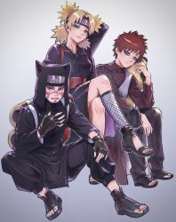  1girl 2boys arm_up black_gloves black_pants black_shirt black_shoes blonde_hair blue_eyes brother_and_sister brothers brown_shirt closed_mouth commentary_request elbow_on_knee facepaint facial_tattoo fingerless_gloves fishnet_leggings forehead_protector gaara_(naruto) gloves gourd headband highres invisible_chair kankurou_(naruto) looking_at_viewer looking_to_the_side multiple_boys naruto_(series) naruto_shippuuden o000oxx pants sandals sash shirt shoes siblings sideways_glance sitting tattoo temari_(naruto) twitter_username weapon weapon_on_back 