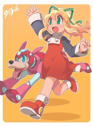  1girl arm_up artist_name bib_collar blonde_hair blue_eyes boots border commentary_request dress full_body green_eyes green_ribbon hair_ribbon medium_hair mega_man_(classic) mega_man_(series) non-humanoid_robot open_mouth orange_background outside_border ponytail red_boots red_dress ribbon robot robot_animal robot_dog roll_(mega_man) rounded_corners running rush_(mega_man) shisui sidelocks smile tongue tongue_out waving white_border 