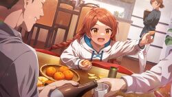  :d bottle braid card_commentary commentary_request cup family food fruit game_asset holding holding_bottle holding_cup holding_food holding_fruit hood hood_down hoodie idolmaster idolmaster_million_live! idolmaster_million_live!_theater_days indoors long_hair long_sleeves official_alternate_hairstyle official_art ogami_tamaki ogami_tamaki's_father ogami_tamaki's_mother open_mouth orange_(fruit) orange_eyes orange_hair orange_slice pouring producer_(idolmaster) smile third-party_source twin_braids white_hoodie 