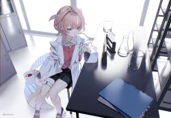  1girl aqua_eyes asymmetrical_bangs black_skirt brown_hair coat commentary cup drink folder highres holding holding_cup holding_test_tube horns indoors lab_coat laboratory looking_to_the_side miniskirt on_stool open_clothes open_coat original parted_lips shoes short_hair signature siotanikun sitting skirt solo stool table test_tube thigh_strap window 