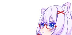  1girl :3 animal_ear_fluff animal_ears asagi501 blue_eyes bow bowtie cat_ears cat_girl closed_mouth commentary_request from_side glasses head_only highres karin-chan_(seflen) light_blush looking_ahead medium_hair original red-framed_eyewear red_bow red_bowtie semi-rimless_eyewear simple_background smile solo under-rim_eyewear variant_set vrchat white_background white_hair 