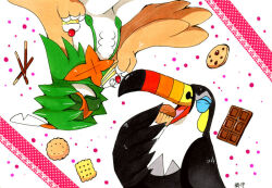  bird candy chocolate chocolate_bar chocolate_chip_cookie closed_eyes cookie cracker cupcake eating food hisuian_decidueye kimori_mfkayj pocky pokemon pokemon_(creature) pokemon_focus toucannon upside-down 