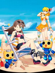  alia_(mega_man) android animated animated_gif armlet armor beach bikini black_ribbon blonde_hair blue_armor blue_eyes blue_sky bracelet breasts brown_hair chair chest_jewel choker crossed_legs deck_chair eyewear_on_head folding_chair green_eyes hand_in_own_hair hand_on_own_face headphones holding holding_umbrella jewelry joints large_breasts long_hair looking_at_viewer mega_man_(series) mega_man_legends_(series) mega_man_x_(series) mega_man_x_dive multicolored_shoes navel one_eye_closed orange_bikini pink_bikini ribbon robot robot_joints seaside servbot_(mega_man) shoes sitting sky smile sunglasses swimsuit tron_bonne_(mega_man) two-tone_shoes umbrella winking_(animated) 