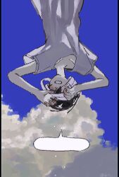  1boy arms_up bandage_over_one_eye bandaged_head bandages black_hair blank_speech_bubble blue_sky clouds collarbone commentary english_commentary highres hospital_gown nill_(nill) omori open_mouth short_hair short_sleeves sky solo speech_bubble spoilers sunny_(hospital_gown)_(omori) sunny_(omori) twitter_username upside-down 