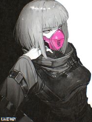  1girl armor black_background breastplate cyberpunk:_edgerunners cyberpunk_(series) greyscale highres kiwi_(cyberpunk) l1m3candy long_sleeves mask medium_hair monochrome mouth_mask partially_colored red_eyes solo two-tone_background upper_body white_background 