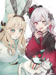  2girls afterimage ahoge alice's_adventures_in_wonderland alice_(alice_in_wonderland) animal animal_ear_hairband animal_ears aqua_bonnet aqua_eyes aqua_kimono aqua_streaks arrow_through_heart baby_animal black_choker black_flower black_hairband black_hat black_ribbon black_rose black_sash blonde_hair bonnet braid butterfly_hat_ornament byakko_(ishigami_nozomi) candy chocolate choker colored_inner_animal_ears commentary_request creator_connection crossover cupcake dot_nose ear_piercing earrings eat_me eighth_note fake_animal_ears fascinator feather_boa fingernails fishnets floral_print floral_print_kimono flower flustered flying_sweatdrops food food_writing frilled_sleeves frills fruit furisode gloves grey_eyes hair_flower hair_ornament hair_ribbon hairband hat hat_flower hat_ornament heart heart-shaped_chocolate heart-shaped_food heart-shaped_hair heart-shaped_nose heterochromia highres holding holding_plate ishigami_nozomi ishigami_nozomi_(3rd_costume) japanese_clothes jewelry kimono lace lace-trimmed_bonnet lace-trimmed_kimono lace_choker lace_hairband lace_trim lolita_fashion long_hair low_twin_braids middle_ring mint_chocolate motion_blur multicolored_hair multiple_girls multiple_piercings multiple_rings musical_note nail_polish nijisanji obi open_mouth partial_commentary pawpads piercing plate print_kimono rabbit_ear_hairband rabbit_ears red_eyes red_flower red_kimono red_nails red_rose red_streaks ribbon ring rose rose_print sash simple_background sleeves_past_wrists spiked_ear_piercing strawberry streaked_hair sweatdrop tail tail_wagging thumb_ring tiger tiger_cub tilted_headwear twin_braids upper_body virtual_youtuber wa_lolita white_background white_gloves white_hair white_tiger yu-ki_(user_dttw2327) 
