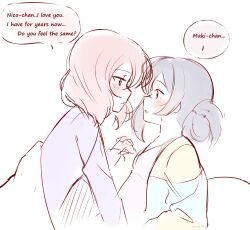  2girls absurdres black_hair commentary english_text eye_contact hair_bun highres holding_hands interlocked_fingers looking_at_another love_live! love_live!_school_idol_project medium_hair missladysheep multiple_girls nishikino_maki parted_lips pink_shirt purple_shirt red_hair shirt simple_background speech_bubble sweatdrop white_background yazawa_nico yuri 