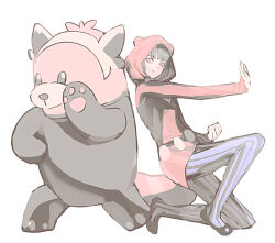  1girl animal_ears belt black_hair blue_pantyhose bracelet character_request chinese_commentary commentary fake_animal_ears higashikata_daiya highres hood hood_up hoodie jewelry jojo_no_kimyou_na_bouken jojolion long_sleeves on_one_knee pantyhose pink_eyes pink_hoodie pokemon_(creature) simple_background smile striped_clothes striped_pantyhose vertical-striped_clothes vertical-striped_pantyhose wfed5748 white_background 