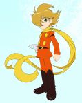  belt boots brown_hair character_request cyborg_009 green_eyes gun highres keyworld male official_style scarf shimamura_joe solo standing weapon 