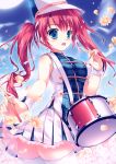  1girl :d absurdres band_uniform blue_eyes copyright_request drum drummer drumsticks flower highres instrument lace-trimmed_skirt mikeou open_mouth parade pink_hair sleeveless smile thigh-highs thighhighs twintails 