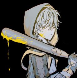  1boy arm_ribbon baseball_bat black_background black_gloves black_jacket blood blood_on_face blood_on_weapon caelus_(honkai:_star_rail) closed_mouth commentary_request cropped_torso fingerless_gloves from_side gloves grey_hair hair_between_eyes highres holding holding_baseball_bat honkai:_star_rail honkai_(series) hood hooded_jacket jacket long_sleeves looking_at_viewer male_focus nanimonda open_clothes open_jacket pale_skin ribbon short_hair simple_background solo trailblazer_(honkai:_star_rail) two-sided_fabric two-sided_jacket upper_body weapon yellow_blood yellow_eyes yellow_jacket 