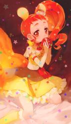  1girl animal_ears apple arisugawa_himari bed_sheet brown_eyes cherry_earrings choker commentary_request cure_custard dress earrings elbow_gloves extra_ears food food-themed_choker food-themed_earrings food-themed_hair_ornament frilled_dress frills fruit gloves hair_ornament hairband highres holding holding_food holding_fruit jewelry kirakira_precure_a_la_mode kneehighs long_hair magical_girl on_bed orange_hair precure pudding short_bangs side_ponytail sidelocks socks solo squirrel_ears squirrel_girl squirrel_tail star_(symbol) tail yellow_dress yukiumisaka 