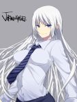  blue_eyes breasts grey_background impossible_clothes impossible_shirt jormungand koko_hekmatyar large_breasts long_hair mataro necktie simple_background smile solo title_drop very_long_hair white_hair 