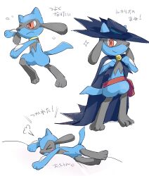  black_cape black_fur black_hat blue_fur cape commentary_request cosplay grey_background hakata_no_kuma hat highres looking_at_viewer multiple_views no_humans pokemon pokemon:_lucario_and_the_mystery_of_mew pokemon_(anime) pokemon_(creature) pokemon_the_series:_ruby_and_sapphire riolu simple_background sir_aaron sir_aaron_(cosplay) tail translation_request two-tone_fur 