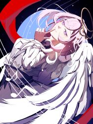  1girl breasts chinese_commentary commentary_request dress elysia_(herrscher_of_human:_ego)_(honkai_impact) elysia_(honkai_impact) finger_to_mouth grey_dress halo highres honkai_(series) honkai_impact_3rd large_breasts medium_hair multicolored_hair musical_note pink_hair shushing smile solo two-tone_hair violet_eyes white_hair white_wings wings yu_chen 