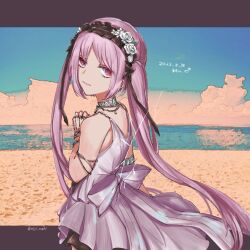  1girl arm_at_side armlet back back_bow bare_arms bare_shoulders beach black_hairband blue_sky bow bracelet closed_mouth clouds commentary_request dated dress euryale_(fate) euryale_(third_ascension)_(fate) fate/grand_order fate_(series) flower frilled_hairband frills from_behind hairband hand_chains hand_up highres jewelry layered_dress light_smile lolita_hairband long_hair looking_at_viewer looking_back middle_part neck_ring necklace ocean outdoors purple_hair rose shore sideways_glance silver_armlet silver_bracelet silver_necklace sky sleeveless sleeveless_dress solo tadare_hito twintails twitter_username upper_body upturned_eyes very_long_hair violet_eyes white_bow white_dress white_flower white_rose 