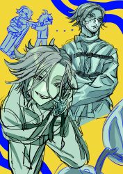  2boys absurdres ahoge aotsuki_eito bound bound_arms greyscale_with_colored_background grin highres jacket latte1023627 male_focus mask mouth_mask multicolored_hair multiple_boys multiple_views no_eyewear no_pupils protected_link short_hair sketch smile straitjacket streaked_hair sumino_takumi the_hundred_line_-last_defense_academy- two-tone_background 