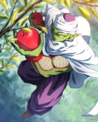  1boy apple black_eyes cape closed_mouth colored_skin commentary_request dragon_ball dragon_ball_z flying food fruit green_skin hat holding holding_food holding_fruit male_focus namekian pants piccolo pointy_ears purple_pants rom_(20) solo turban white_cape white_hat 