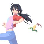 ahoge black_hair brown_eyes chasing commentary copyright_request corn hairband john_su looking_back midriff navel open_mouth ponytail pun red_eyes running smile tears 