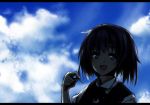  black_hair blue_eyes blue_sky cloud clouds letterboxed matsuno_canel open_mouth original sky smile solo 