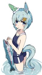  1girl absurdres animal animal_ears bare_shoulders blue_eyes blue_one-piece_swimsuit blush breasts closed_mouth competition_school_swimsuit ear_covers fish flower grey_hair hair_between_eyes hair_flower hair_ornament hairclip highres holding holding_animal holding_fish horse_ears horse_girl horse_tail one-piece_swimsuit school_swimsuit seiun_sky_(umamusume) short_hair single_ear_cover single_vertical_stripe small_breasts solo sudzume sunflower sunflower_hair_ornament swimsuit tail tracen_swimsuit umamusume wading water 