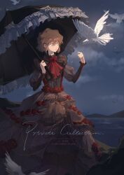  1girl absurdres ascot bird black_dress black_umbrella blue_eyes blunt_ends brown_hair clouds commission cross-laced_clothes cross-laced_dress dress dress_flower flower frilled_dress frilled_umbrella frills gothic_lolita haibara_ai hands_up highres holding holding_umbrella huaxingxing layered_sleeves lolita_fashion long_dress long_sleeves looking_at_animal meitantei_conan mihuashi_commission night outdoors parasol parted_lips puffy_short_sleeves puffy_sleeves red_ascot red_flower red_rose rock rose short_hair short_over_long_sleeves short_sleeves sky solo standing umbrella watermark white_bird 