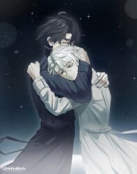  2boys black_coat black_hair black_sky blonde_hair character_request check_character coat commentary highres hug lee_hakhyun male_focus multiple_boys night omniscient_reader's_viewpoint open_clothes open_coat outdoors short_hair sir_arcturus sky star_(sky) starry_sky upper_body white_coat yoo_joonghyuk 