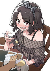  2girls absurdres blush brown_skirt chair commentary_request ebizuka_tomo food girls_band_cry grey_hair hair_ribbon highres implied_yuri kootee-on multiple_girls off-shoulder_shirt off_shoulder open_mouth plaid_clothes plaid_shirt pov pudding red_eyes ribbon rupa_(girls_band_cry) shirt short_hair simple_background skirt spoon table textless_version white_background 
